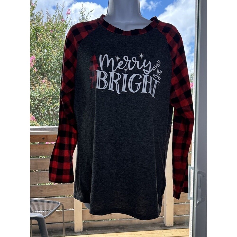 Large Merry & Bright Red Buffalo Plaid Raglan Long Sleeve Shirt